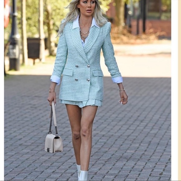 ZARA SET 2 Pc Co-Ord Suit Mint Green Textured Tweed Blazer & Pleated Mini Skirt - Picture 5 of 17